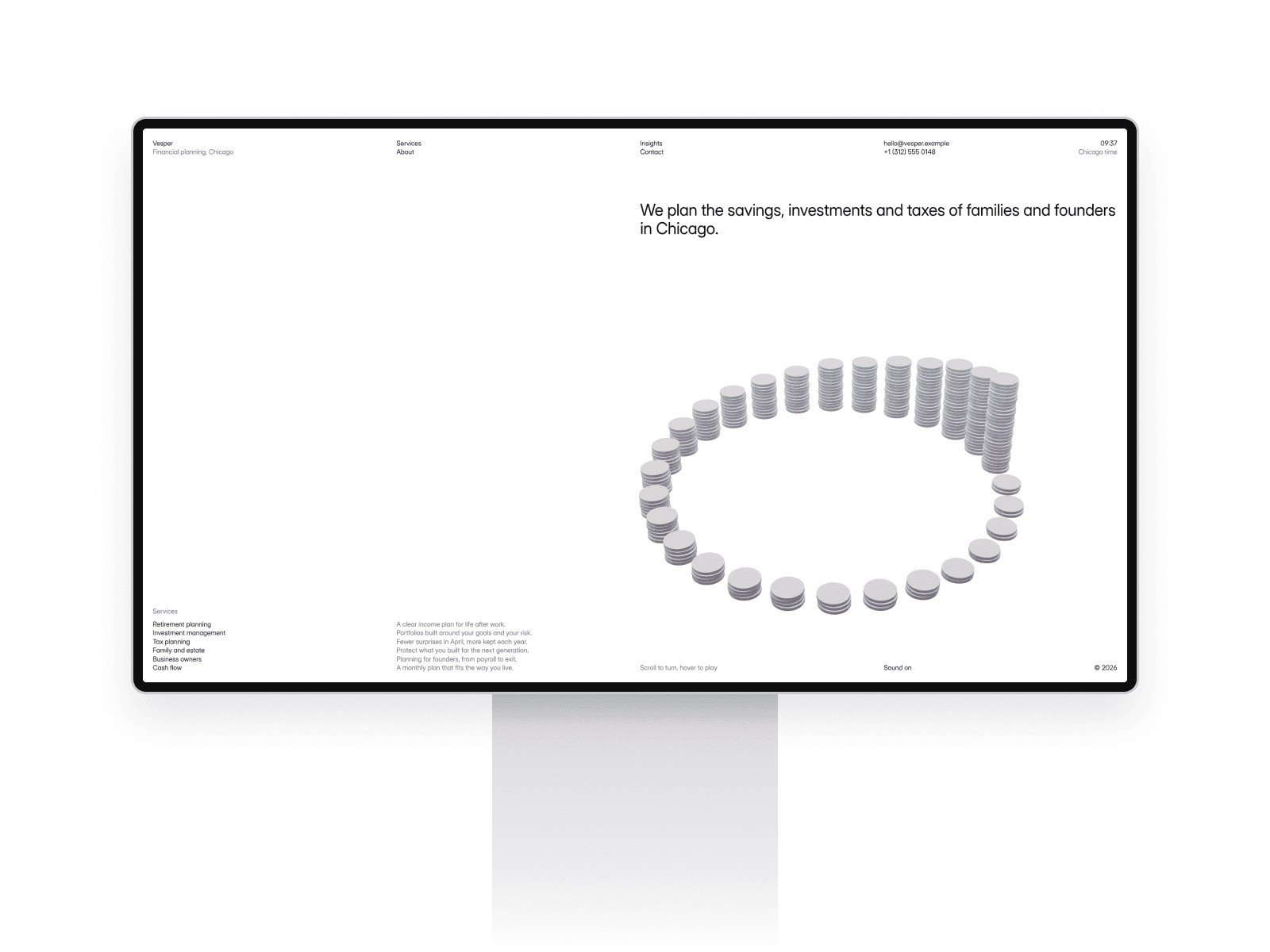 Vesper home page with a 3D coin ring on a display
